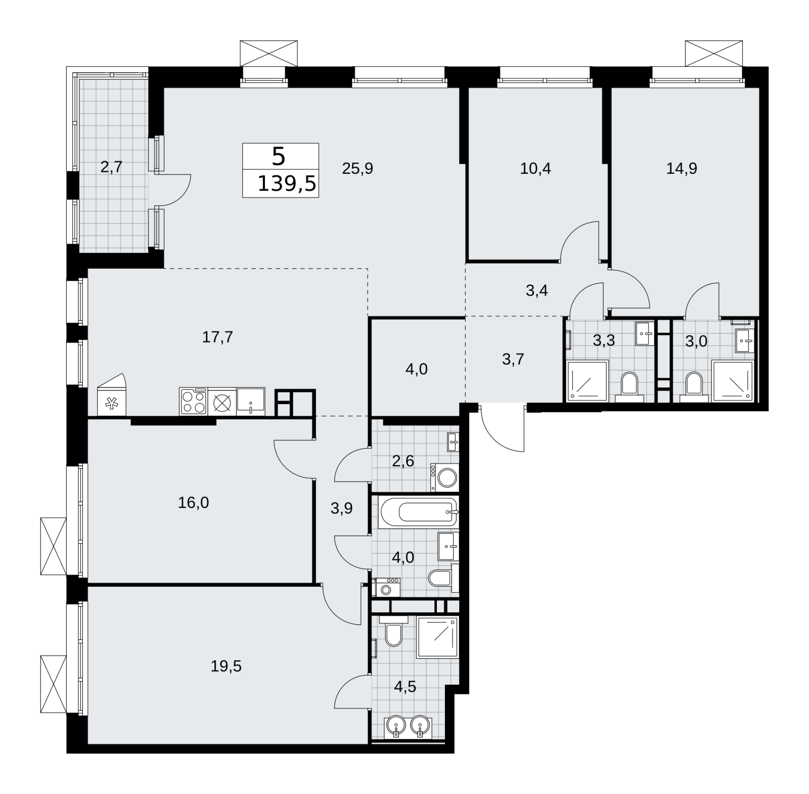 3-комнатная квартира в ЖК Скандинавия на 4 этаже в 2 секции. Сдача в 2 кв. 2026 г.