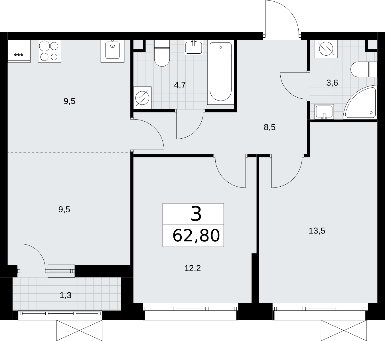 3-комнатная квартира в ЖК Дом Дау на 45 этаже в 1 секции. Сдача в 2 кв. 2027 г.