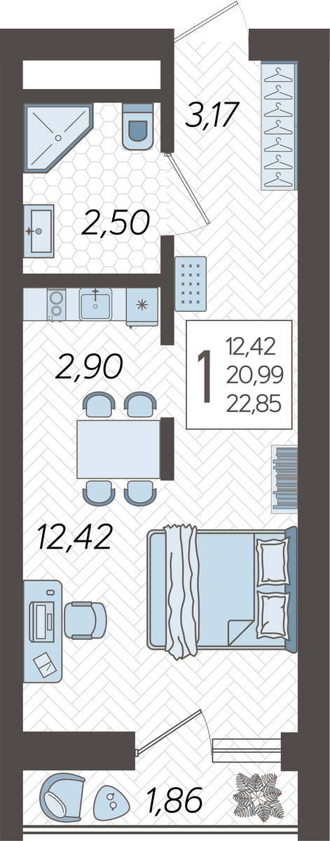 1-комнатная квартира в ЖК Беринг на 14 этаже в 4 секции. Сдача в 4 кв. 2025 г.