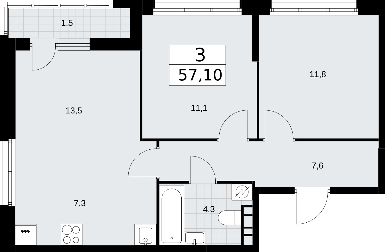 3-комнатная квартира в ЖК Дом Дау на 34 этаже в 1 секции. Сдача в 2 кв. 2027 г.