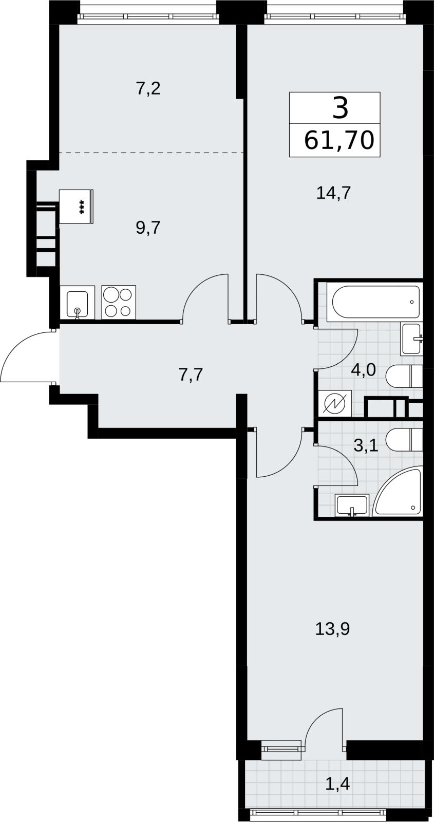 3-комнатная квартира в ЖК Дом Дау на 37 этаже в 1 секции. Сдача в 2 кв. 2027 г.