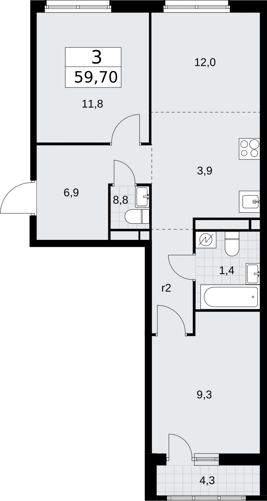 3-комнатная квартира с отделкой в ЖК ERA на 6 этаже в 1 секции. Сдача в 3 кв. 2026 г.