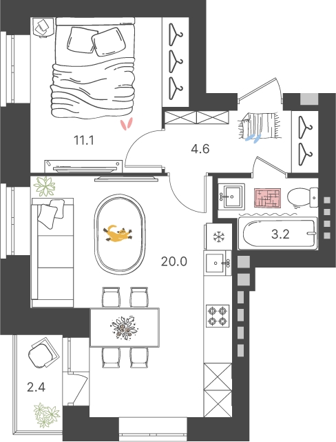 2-комнатная квартира в ЖК Novella на 9 этаже в 2 секции. Сдача в 4 кв. 2023 г.