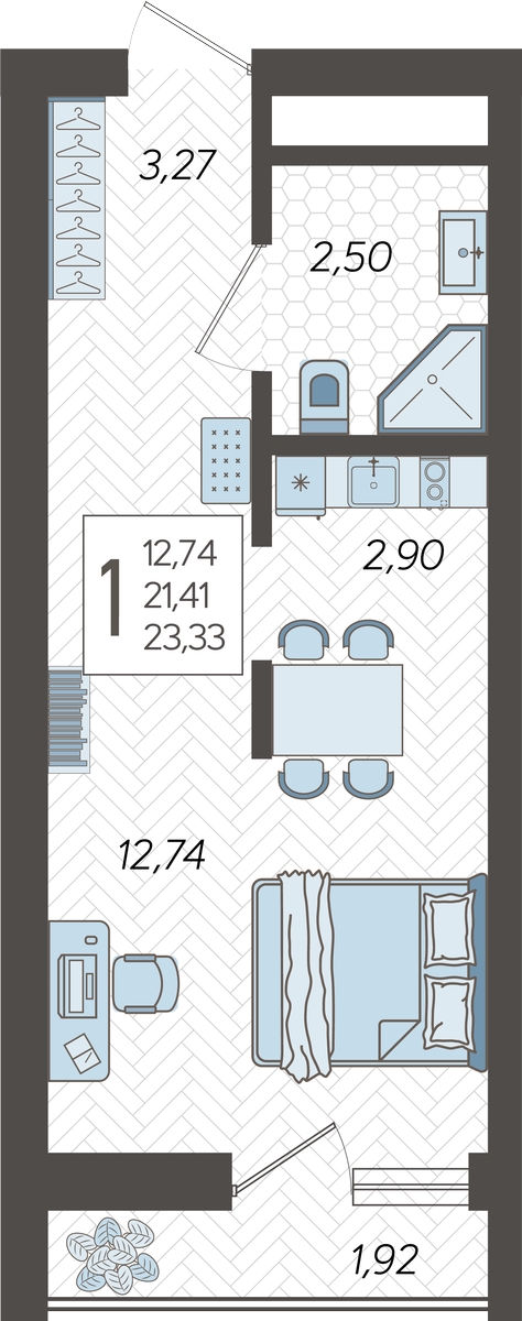 1-комнатная квартира (Студия) с отделкой в ЖК Квартал Метроном на 11 этаже в 11 секции. Сдача в 3 кв. 2026 г.