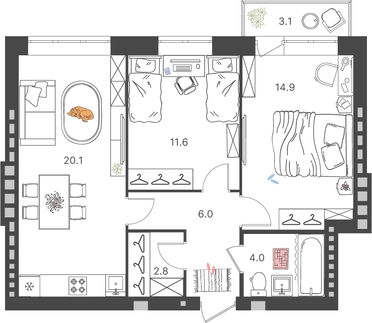 2-комнатная квартира с отделкой в ЖК Дзен-кварталы на 3 этаже в 2 секции. Сдача в 3 кв. 2025 г.