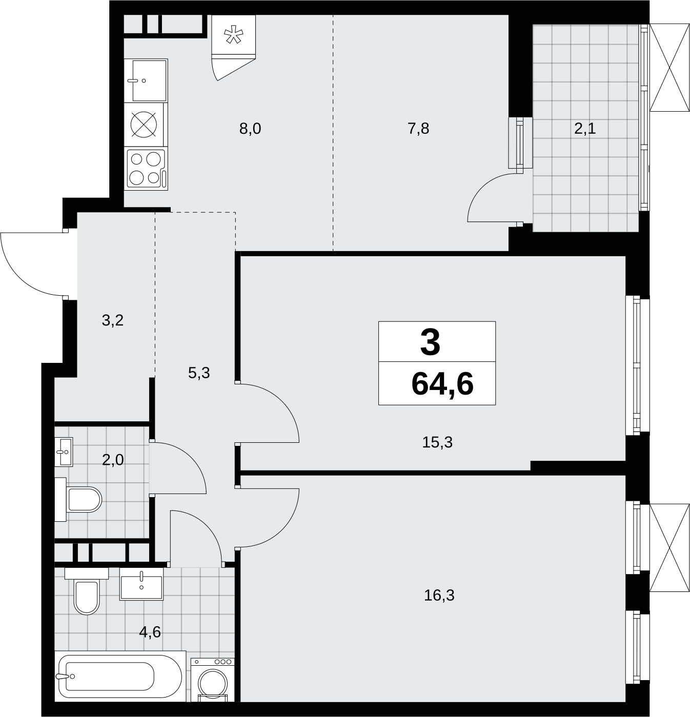 3-комнатная квартира в ЖК Скандинавия на 5 этаже в 3 секции. Сдача в 2 кв. 2026 г.