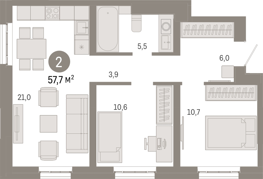 2-комнатная квартира с отделкой в ЖК Квартал Метроном на 14 этаже в 3 секции. Сдача в 3 кв. 2026 г.