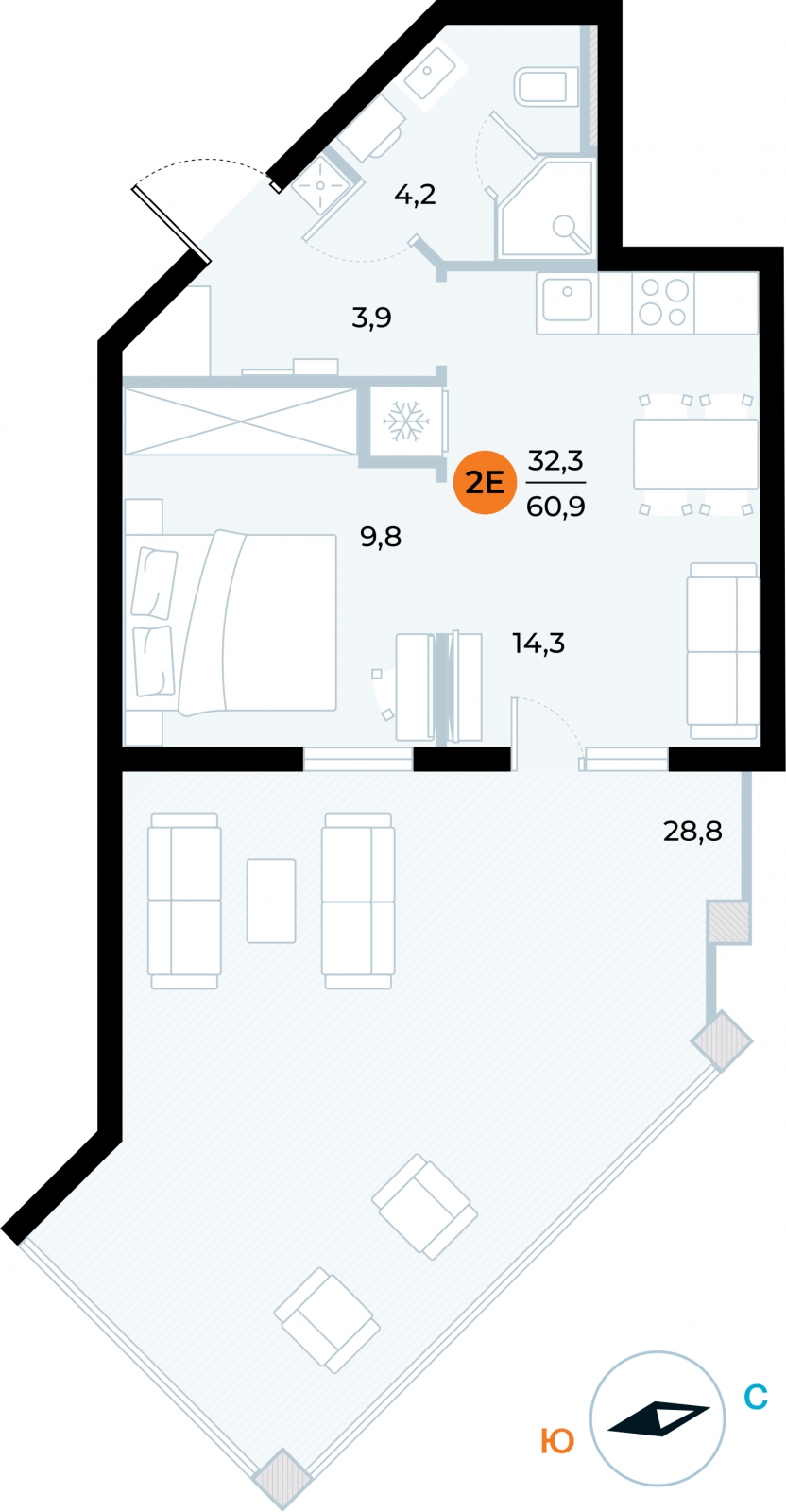 2-комнатная квартира в ЖК ERA на 8 этаже в 1 секции. Сдача в 3 кв. 2026 г.