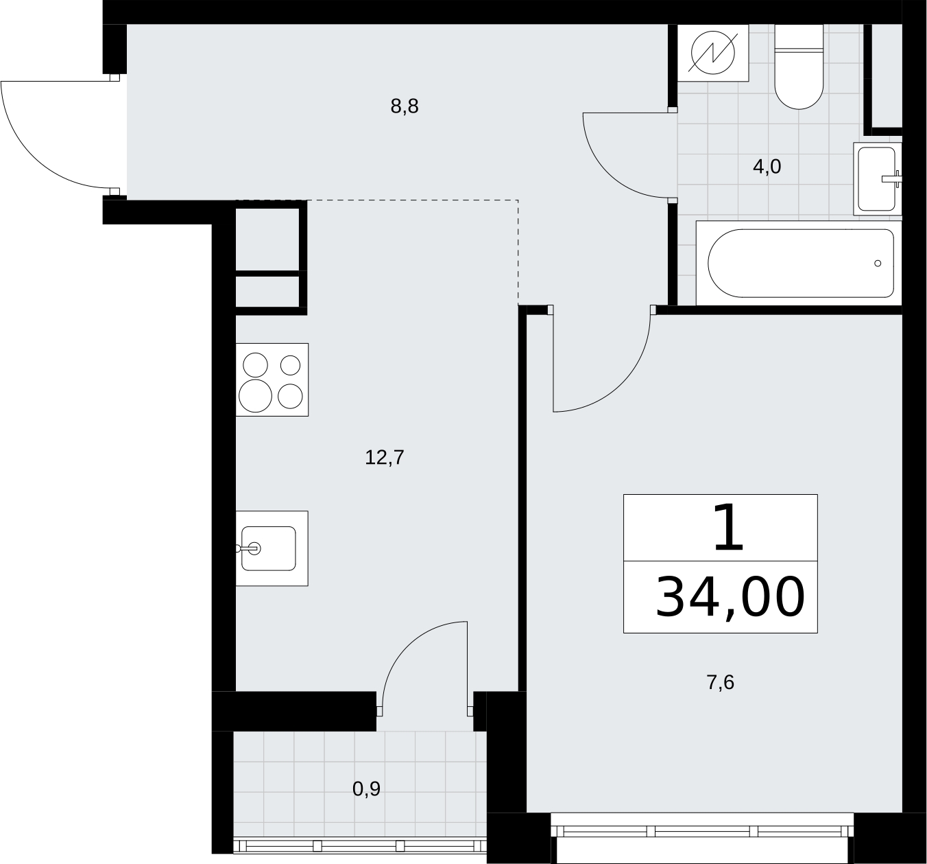 1-комнатная квартира (Студия) с отделкой в ЖК Квартал Метроном на 31 этаже в 11 секции. Сдача в 3 кв. 2026 г.