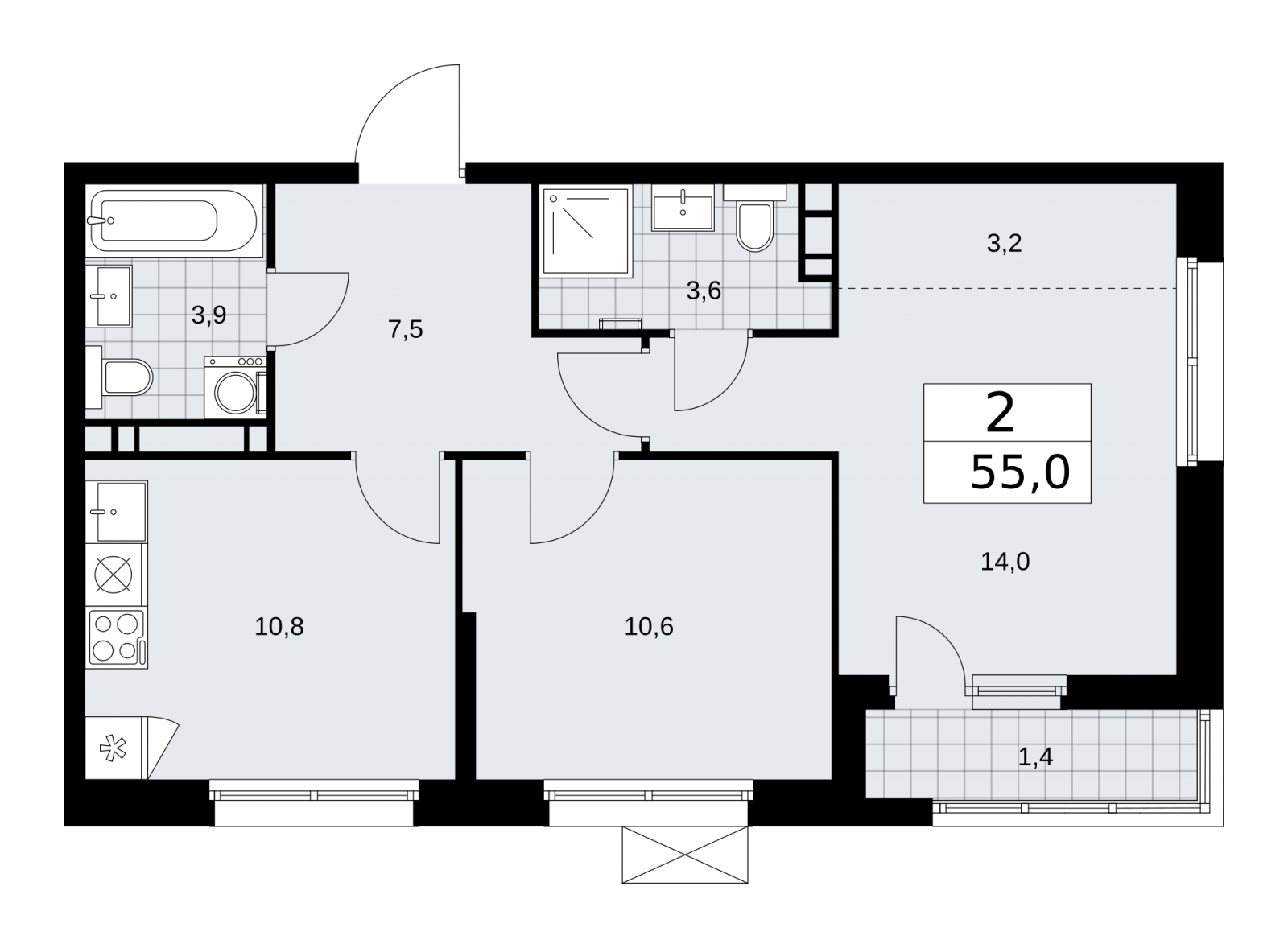 2-комнатная квартира в ЖК Скандинавия на 3 этаже в 4 секции. Сдача в 2 кв. 2026 г.