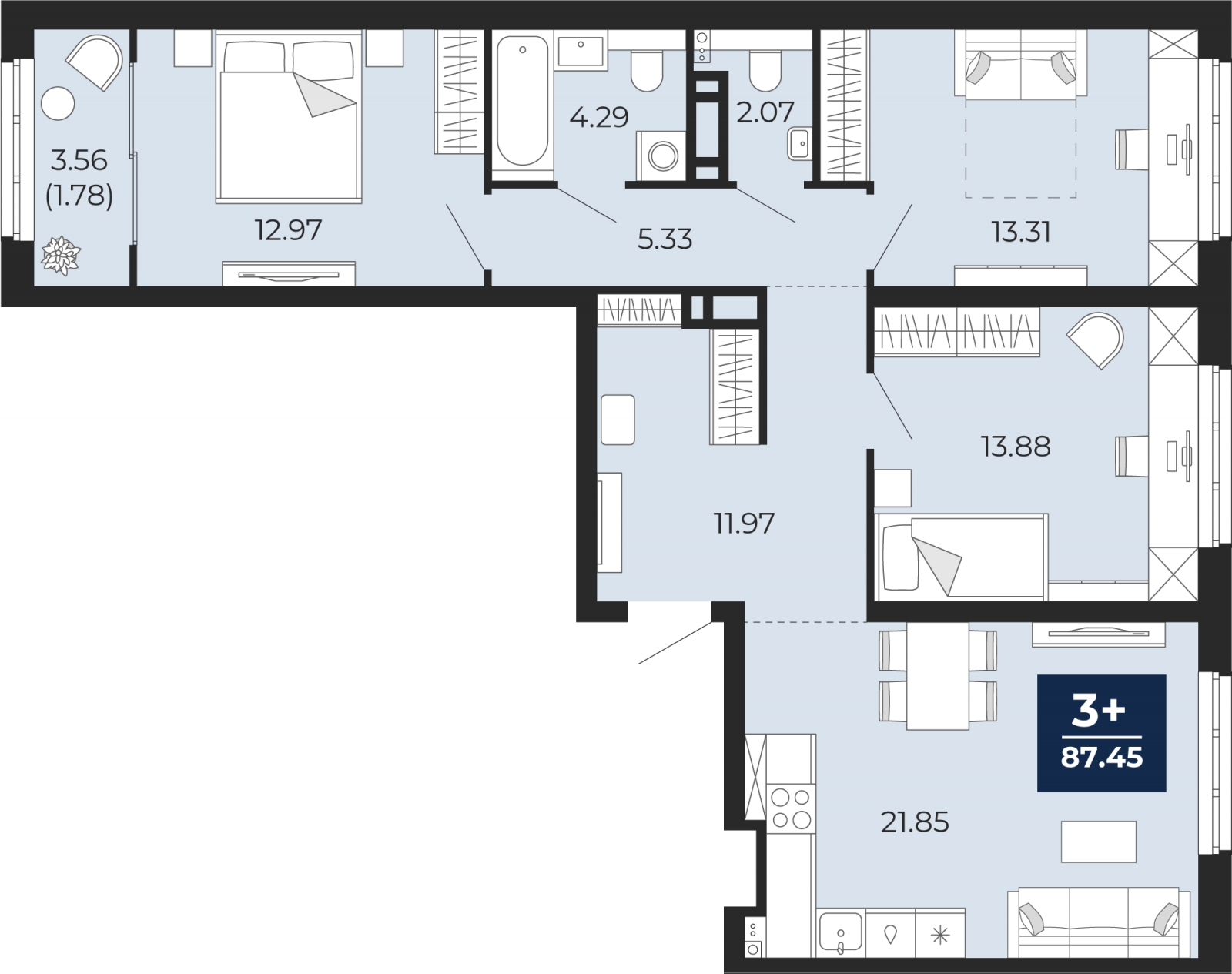 3-комнатная квартира в ЖК Беринг на 11 этаже в 1 секции. Сдача в 4 кв. 2025 г.