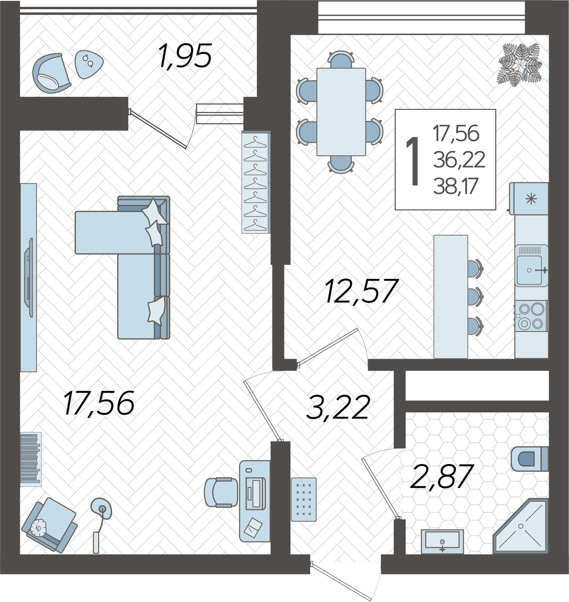 1-комнатная квартира (Студия) с отделкой в ЖК Новая Жизнь на 5 этаже в 1 секции. Сдача в 1 кв. 2027 г.