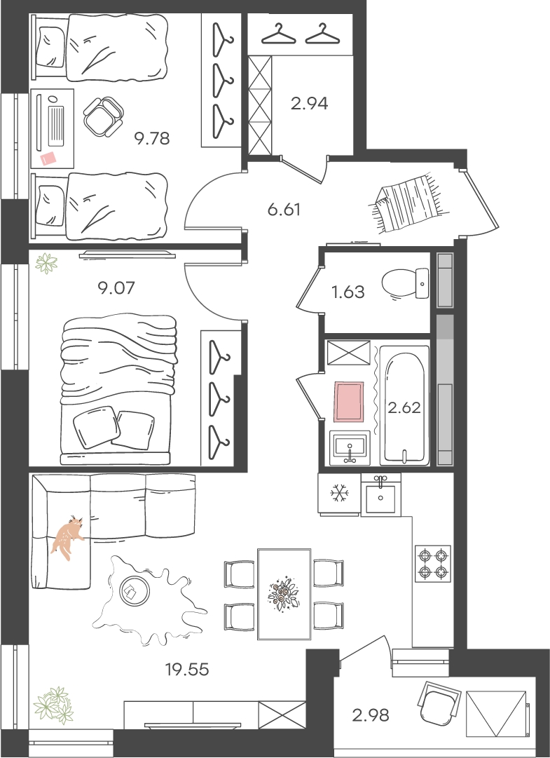 2-комнатная квартира в ЖК Тринити-2 на 30 этаже в 5 секции. Сдача в 3 кв. 2023 г.