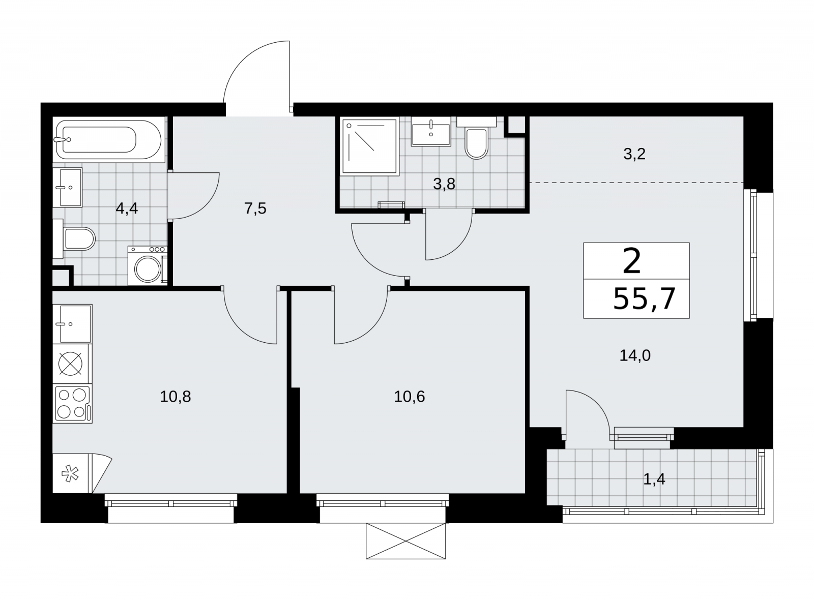 2-комнатная квартира в ЖК Скандинавия на 16 этаже в 1 секции. Сдача в 3 кв. 2025 г.