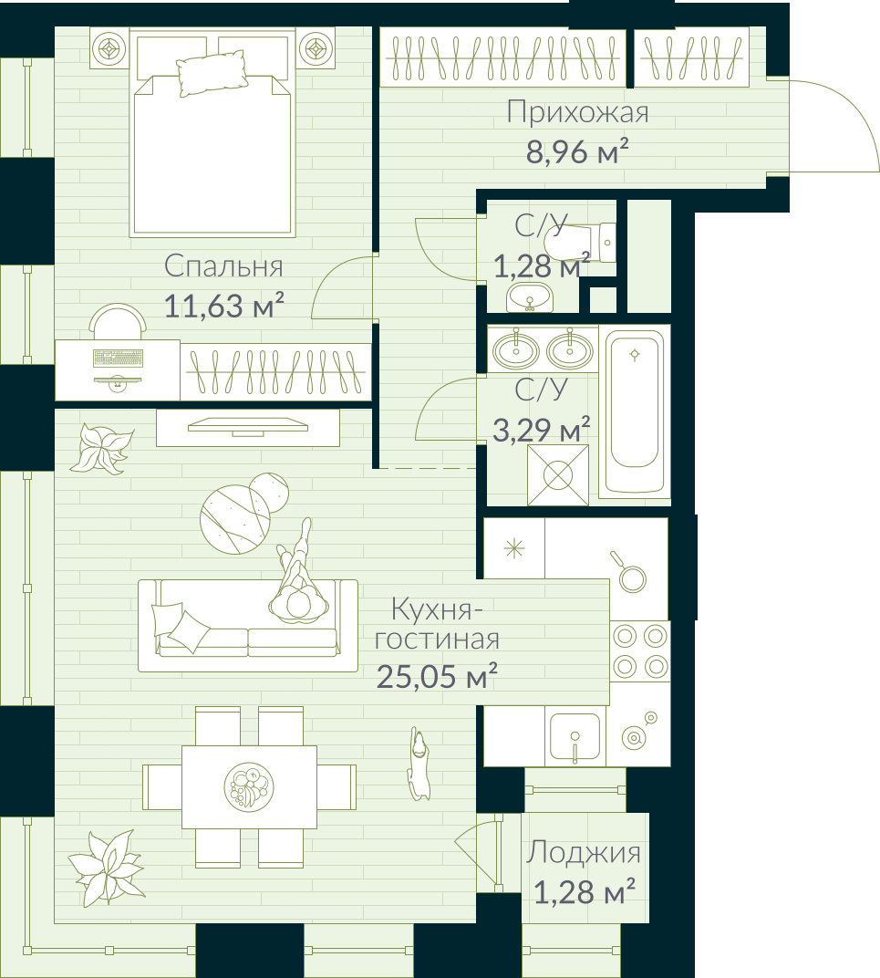1-комнатная квартира с отделкой в ЖК Urman City на 11 этаже в 1 секции. Сдача в 2 кв. 2026 г.