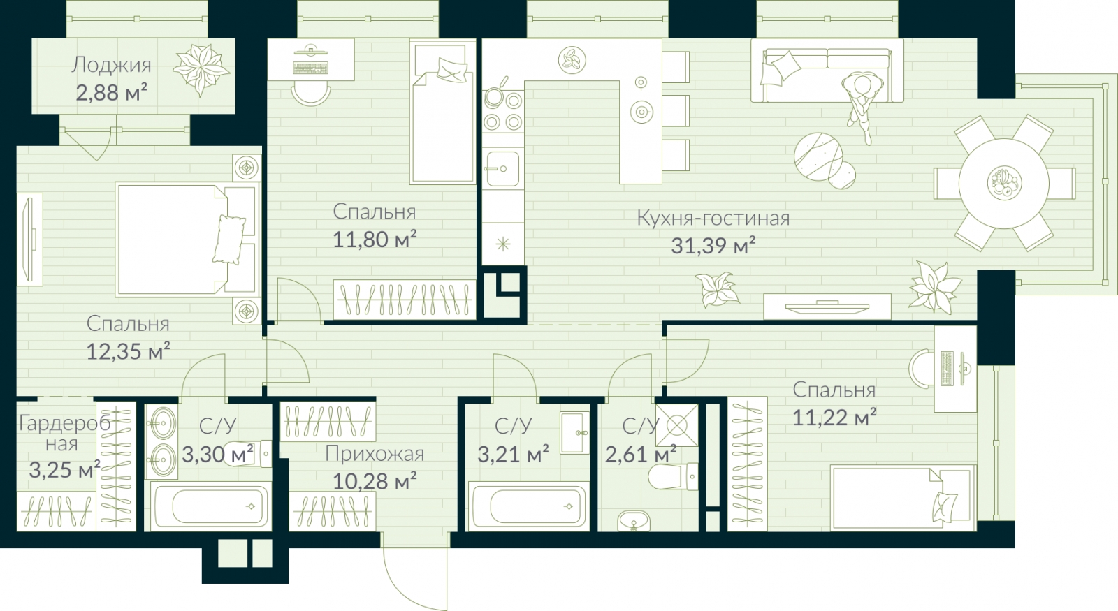 3-комнатная квартира с отделкой в ЖК Родные кварталы на 6 этаже в 7 секции. Сдача в 4 кв. 2026 г.