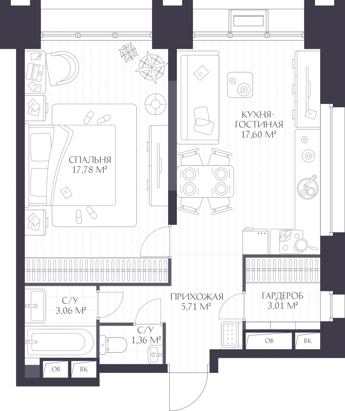 1-комнатная квартира в ЖК VEREN PLACE Одесская на 9 этаже в 1 секции. Сдача в 3 кв. 2026 г.