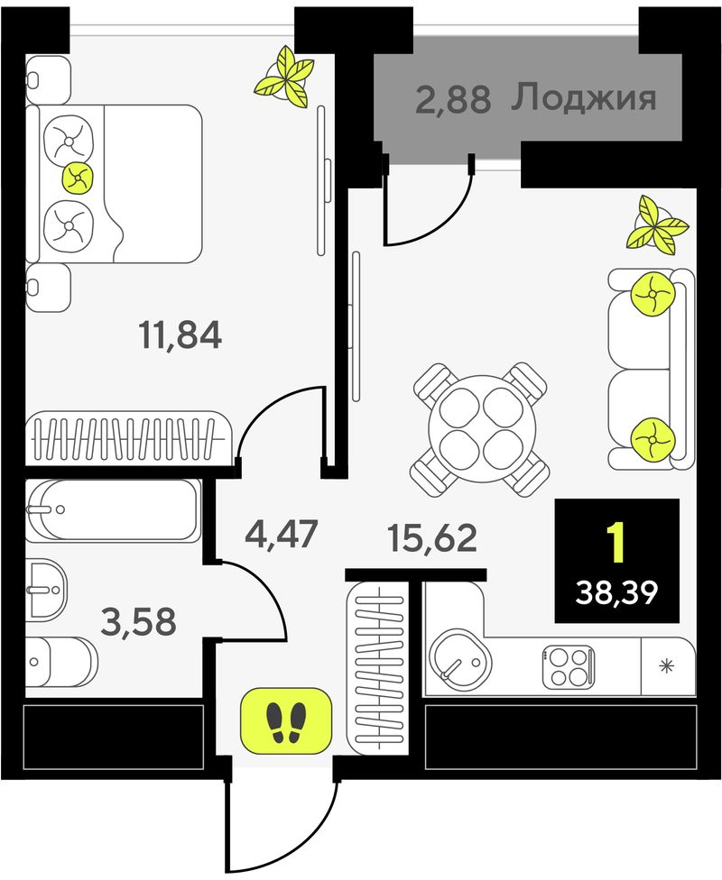 2-комнатная квартира в ЖК Urman City на 7 этаже в 1 секции. Сдача в 2 кв. 2026 г.