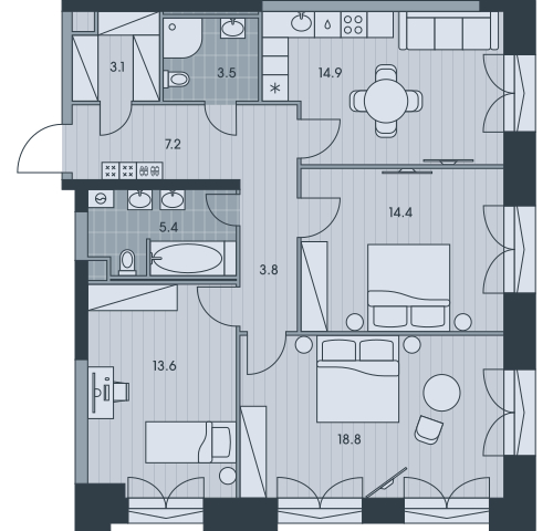 3-комнатная квартира в ЖК Родные кварталы на 5 этаже в 2 секции. Сдача в 3 кв. 2026 г.