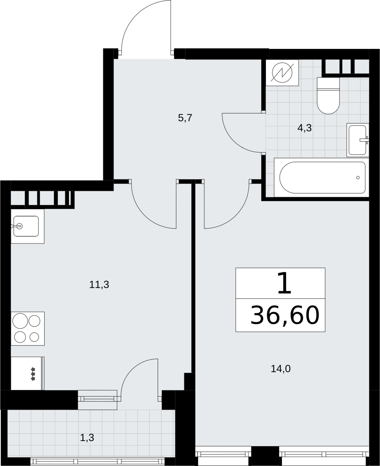 1-комнатная квартира в ЖК Родные кварталы на 2 этаже в 1 секции. Сдача в 3 кв. 2026 г.