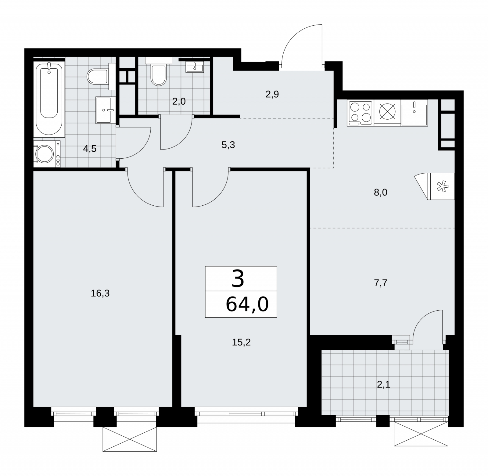3-комнатная квартира в ЖК Скандинавия на 6 этаже в 3 секции. Сдача в 2 кв. 2026 г.