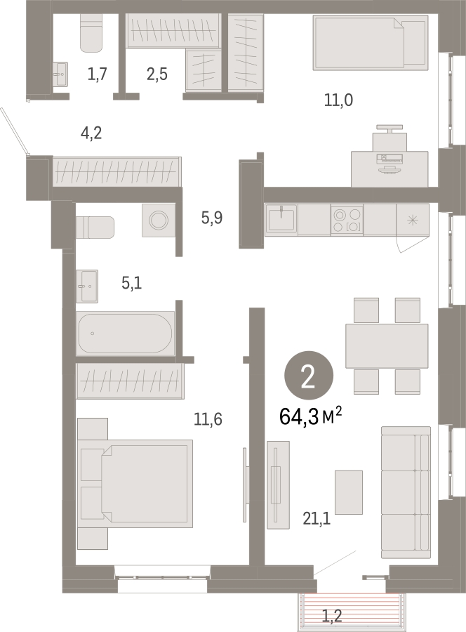 2-комнатная квартира в ЖК Родные кварталы на 9 этаже в 6 секции. Сдача в 3 кв. 2026 г.