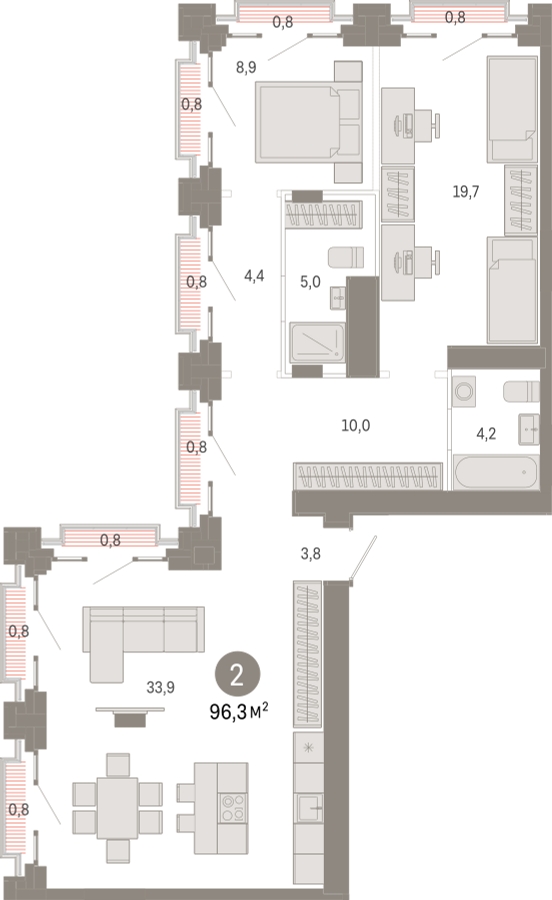 2-комнатная квартира с отделкой в ЖК ERA на 24 этаже в 1 секции. Сдача в 3 кв. 2026 г.