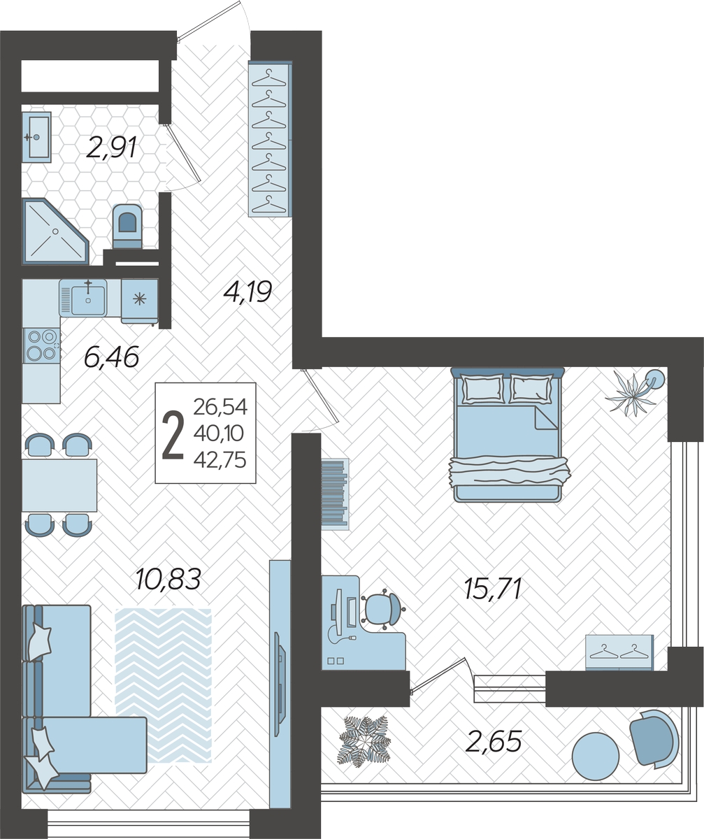 1-комнатная квартира (Студия) в ЖК Кислород на 12 этаже в 1 секции. Сдача в 2 кв. 2025 г.
