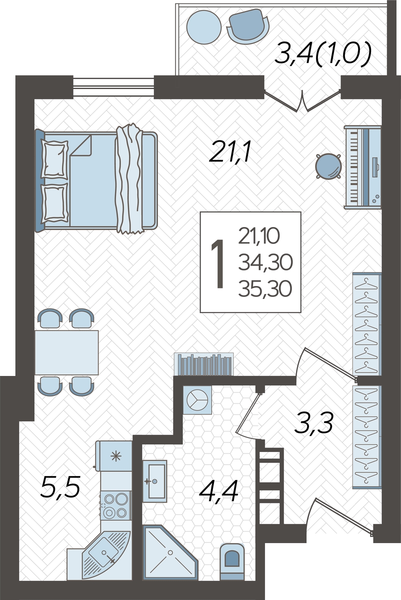 2-комнатная квартира в ЖК Родные кварталы на 5 этаже в 7 секции. Сдача в 3 кв. 2026 г.
