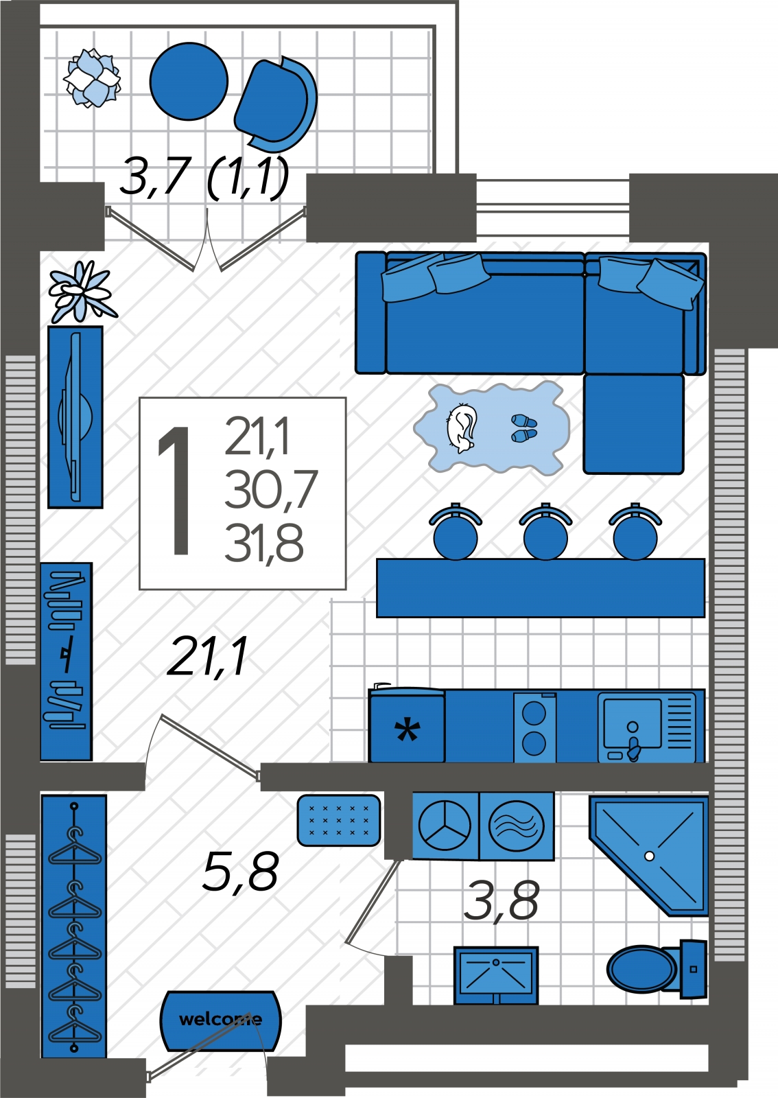 1-комнатная квартира (Студия) в ЖК Родные кварталы на 6 этаже в 7 секции. Сдача в 3 кв. 2026 г.