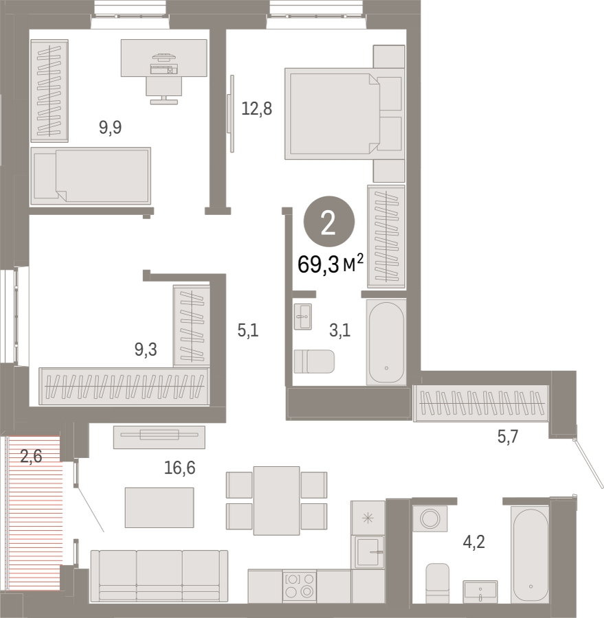 3-комнатная квартира в ЖК ERA на 7 этаже в 1 секции. Сдача в 3 кв. 2026 г.