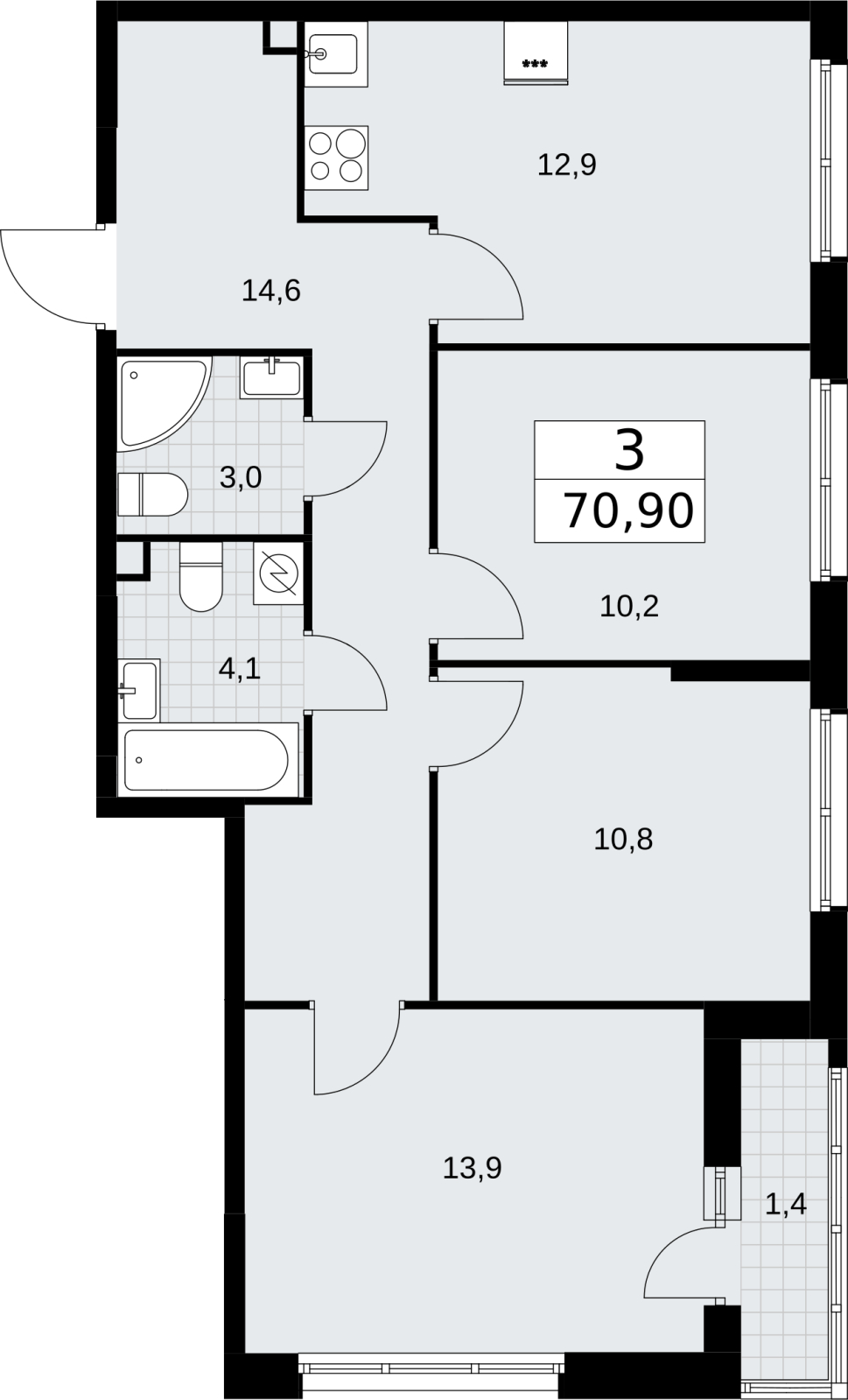 3-комнатная квартира с отделкой в ЖК Кислород на 12 этаже в 1 секции. Сдача в 2 кв. 2025 г.