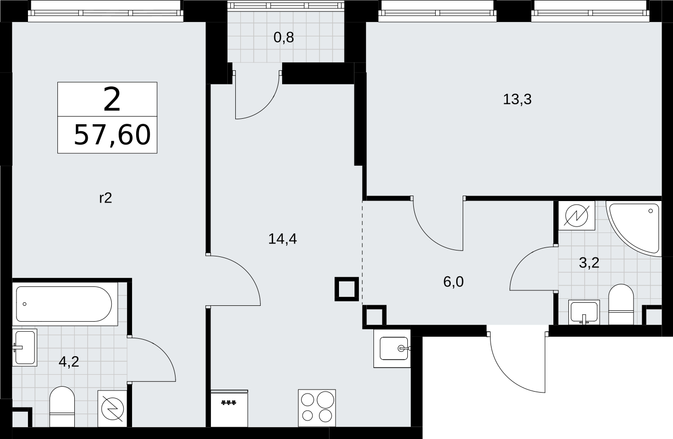 2-комнатная квартира с отделкой в ЖК Кислород на 12 этаже в 1 секции. Сдача в 2 кв. 2025 г.