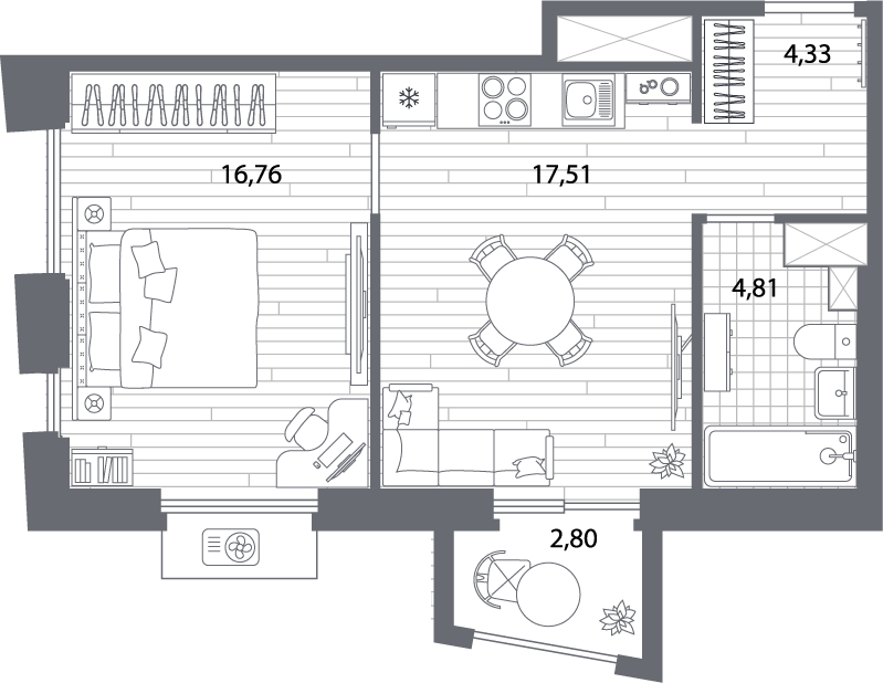 2-комнатная квартира в ЖК Кислород на 5 этаже в 1 секции. Сдача в 4 кв. 2025 г.