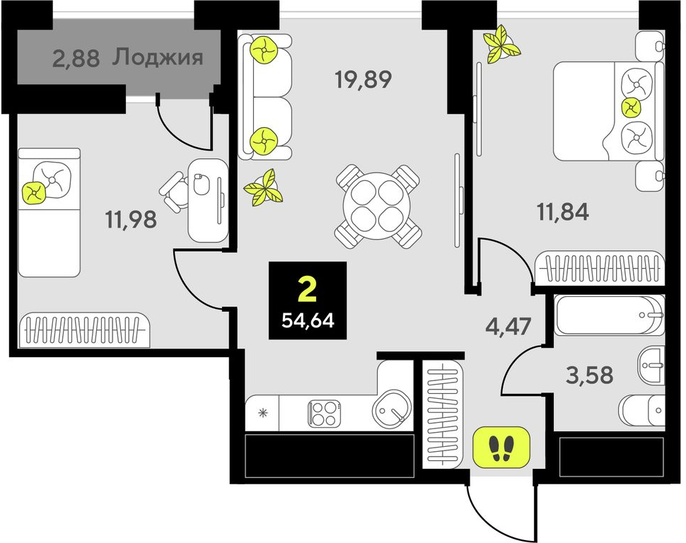 2-комнатная квартира с отделкой в ЖК Мотивы на 11 этаже в 2 секции. Сдача в 2 кв. 2026 г.