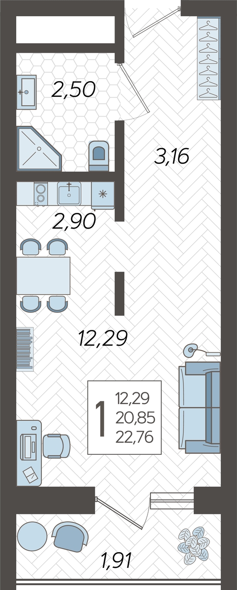 2-комнатная квартира в ЖК Родные кварталы на 5 этаже в 8 секции. Сдача в 3 кв. 2026 г.