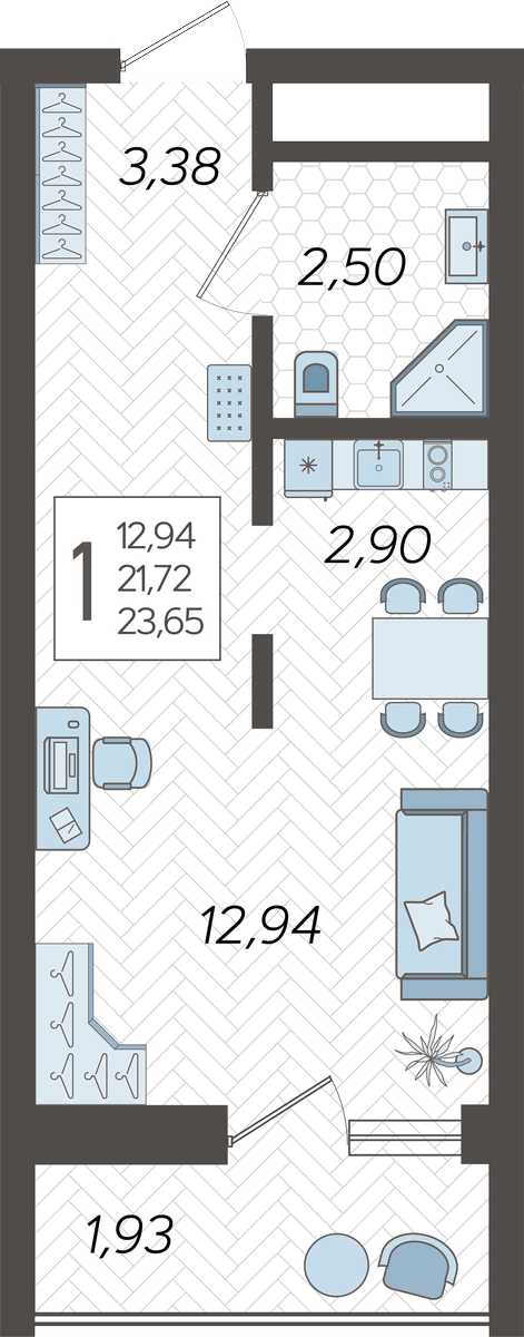 1-комнатная квартира в ЖК Кислород на 19 этаже в 1 секции. Сдача в 4 кв. 2025 г.