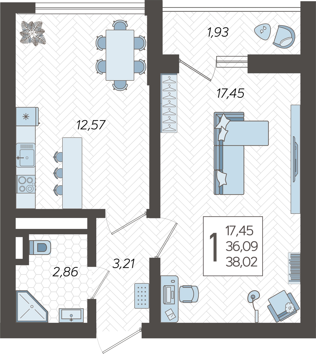 2-комнатная квартира с отделкой в ЖК Кислород на 13 этаже в 1 секции. Сдача в 2 кв. 2025 г.