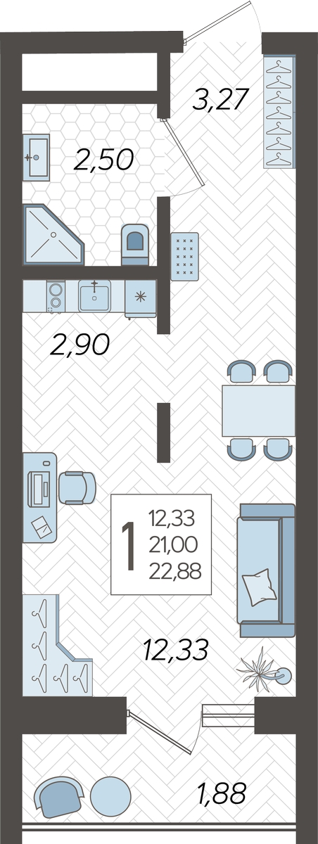 1-комнатная квартира (Студия) в ЖК Кислород на 14 этаже в 1 секции. Сдача в 2 кв. 2025 г.