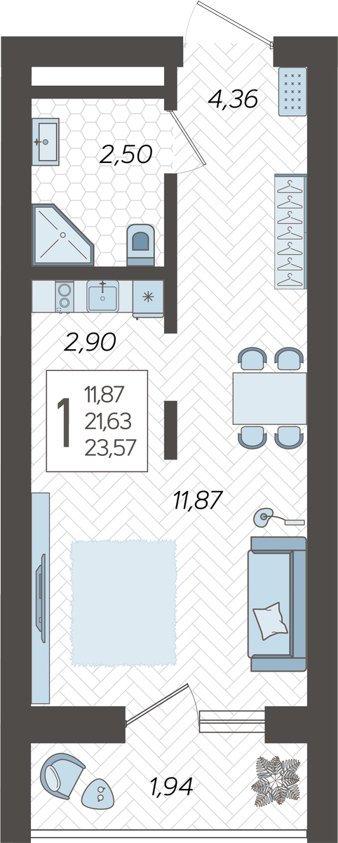 1-комнатная квартира в ЖК Кислород на 14 этаже в 1 секции. Сдача в 2 кв. 2025 г.