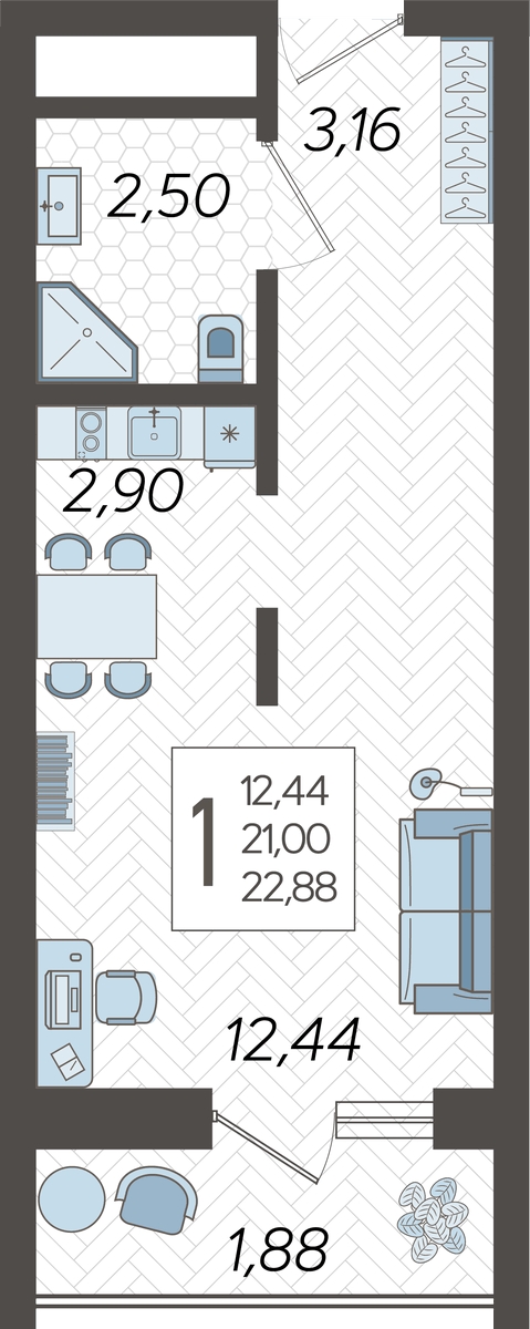 1-комнатная квартира (Студия) в ЖК Родные кварталы на 7 этаже в 7 секции. Сдача в 3 кв. 2026 г.