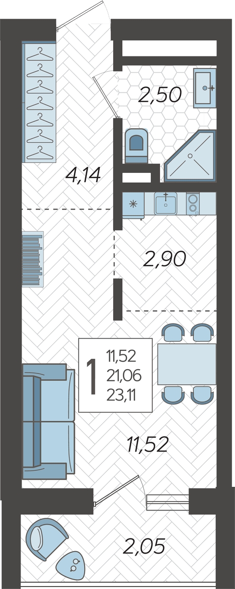 3-комнатная квартира с отделкой в ЖК Кислород на 14 этаже в 1 секции. Сдача в 2 кв. 2025 г.