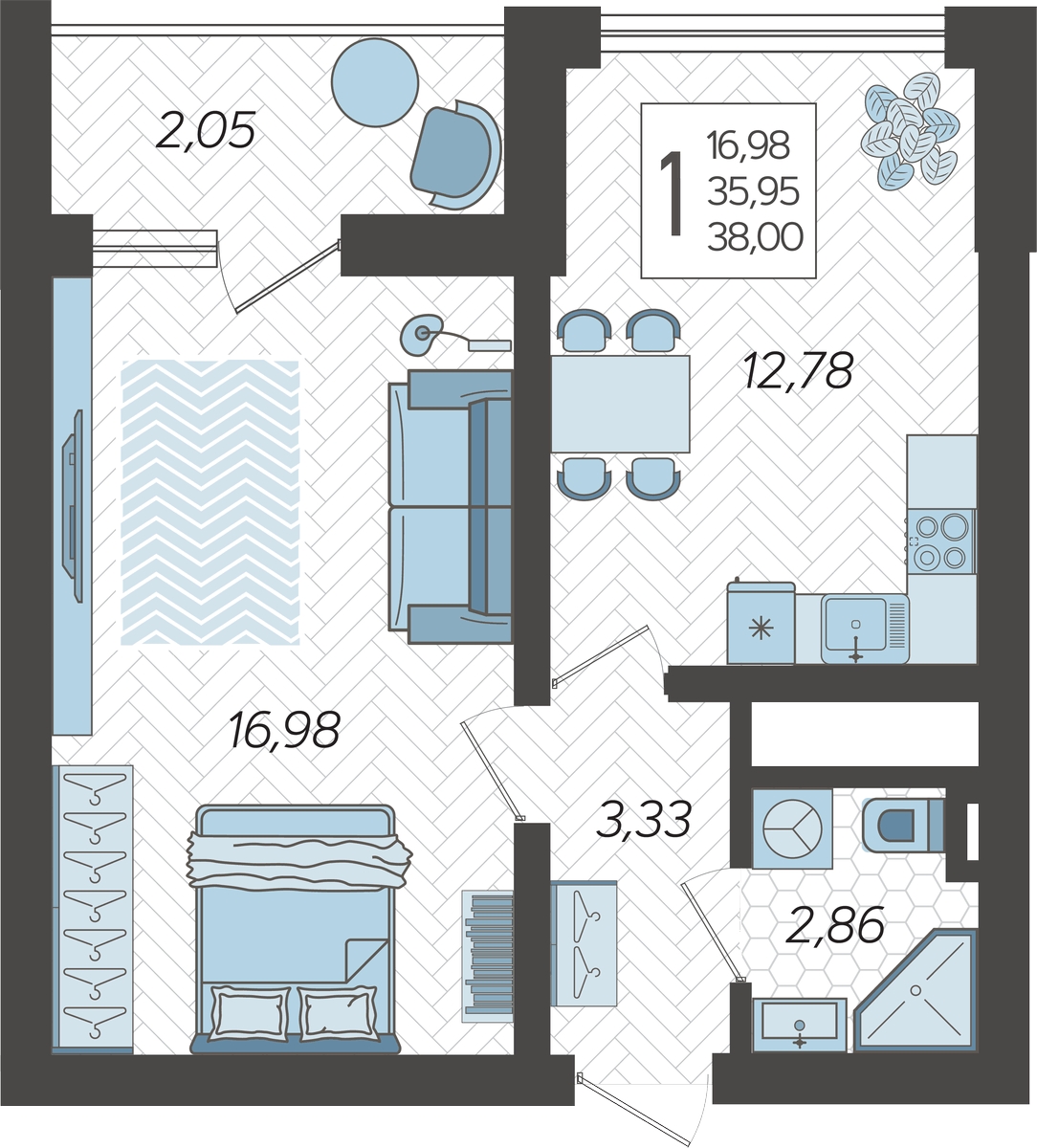 1-комнатная квартира в ЖК Кислород на 14 этаже в 1 секции. Сдача в 2 кв. 2025 г.