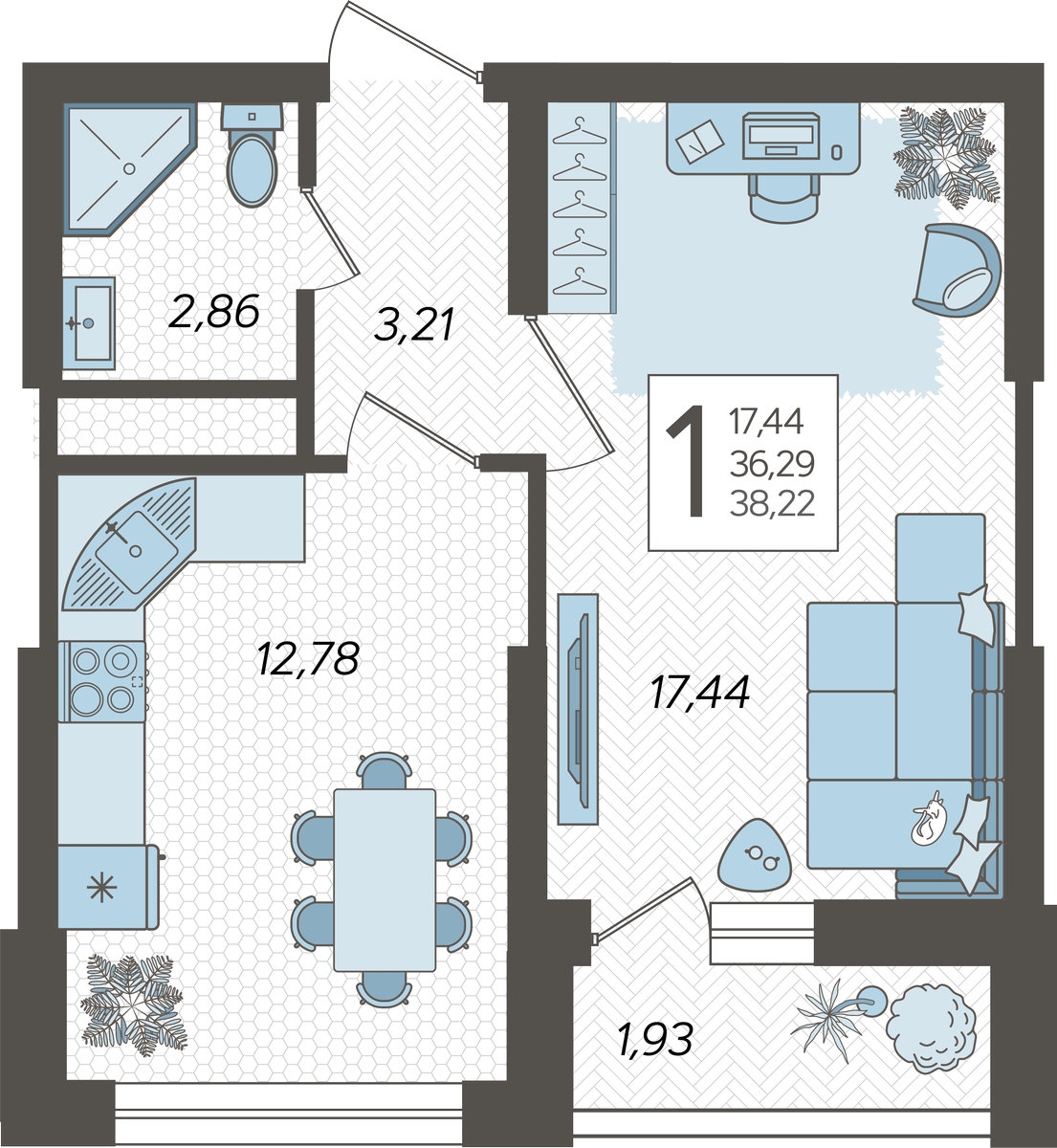 1-комнатная квартира (Студия) в ЖК Кислород на 1 этаже в 1 секции. Сдача в 2 кв. 2025 г.