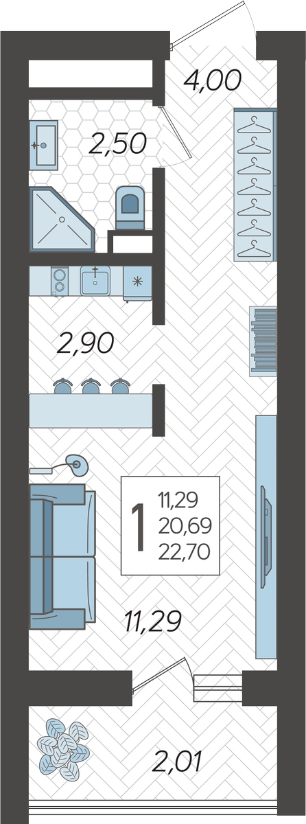 1-комнатная квартира (Студия) в ЖК Кислород на 5 этаже в 1 секции. Сдача в 4 кв. 2025 г.