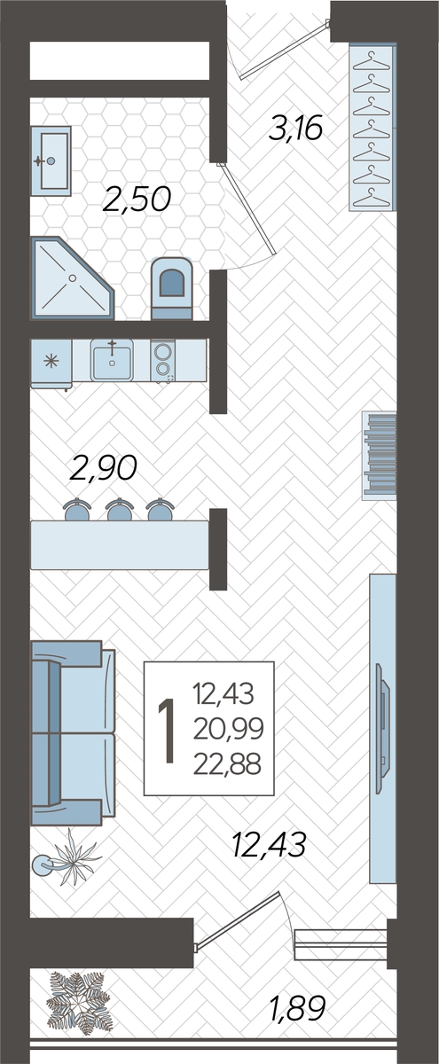 1-комнатная квартира в ЖК Родные кварталы на 6 этаже в 9 секции. Сдача в 3 кв. 2026 г.