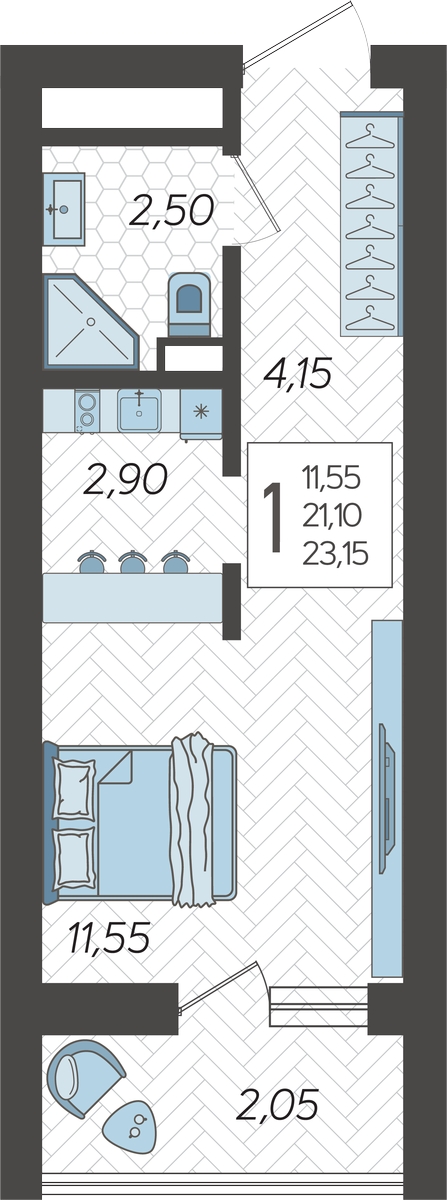 1-комнатная квартира (Студия) в ЖК Кислород на 17 этаже в 1 секции. Сдача в 2 кв. 2025 г.