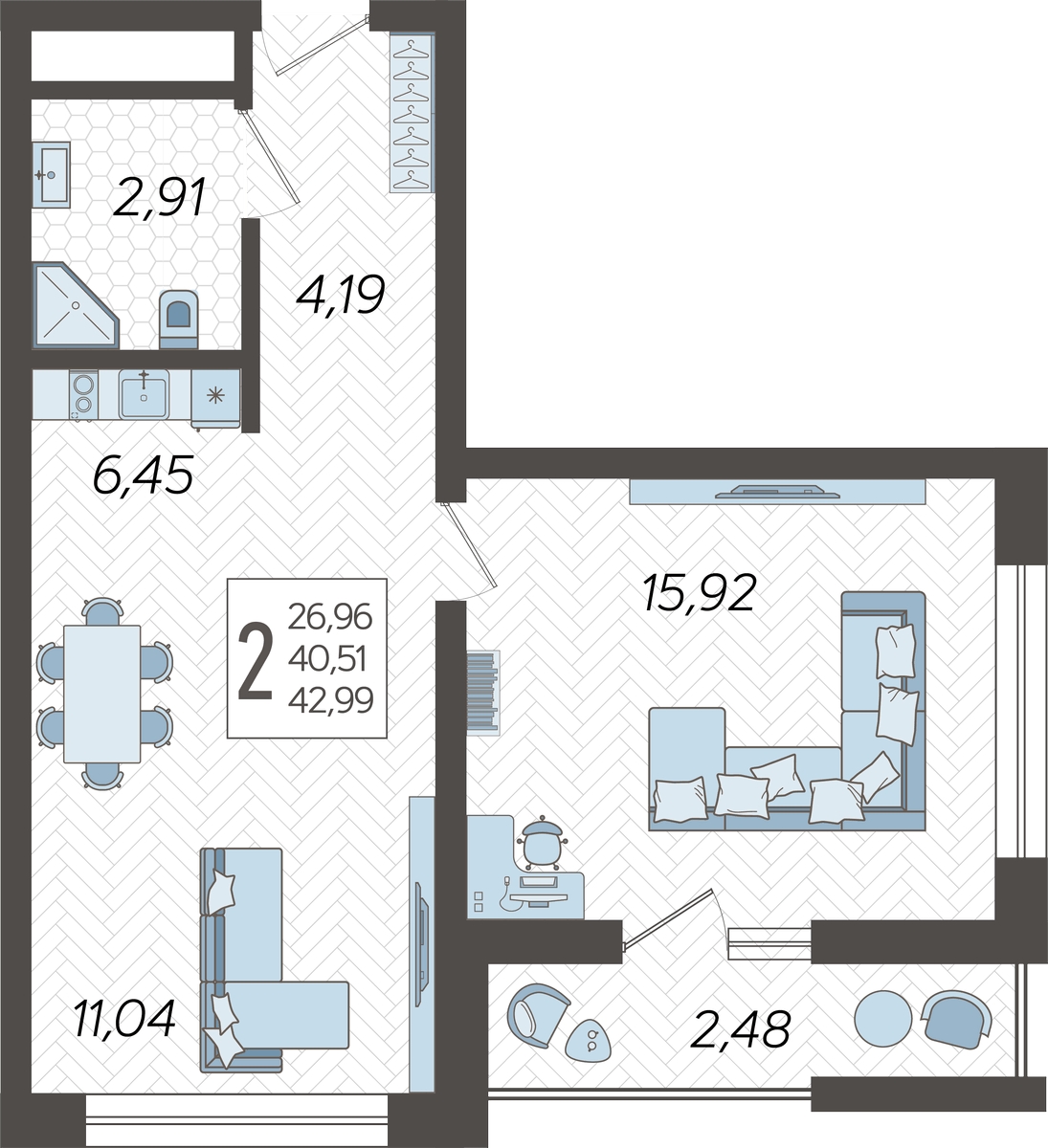 1-комнатная квартира с отделкой в ЖК Родные кварталы на 2 этаже в 2 секции. Сдача в 4 кв. 2026 г.