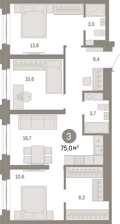 3-комнатная квартира с отделкой в ЖК Кислород на 7 этаже в 1 секции. Сдача в 4 кв. 2025 г.