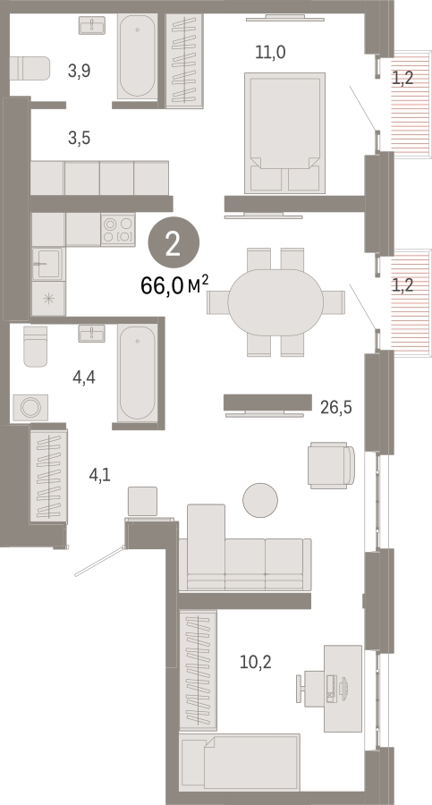 2-комнатная квартира в ЖК Кислород на 10 этаже в 1 секции. Сдача в 4 кв. 2025 г.